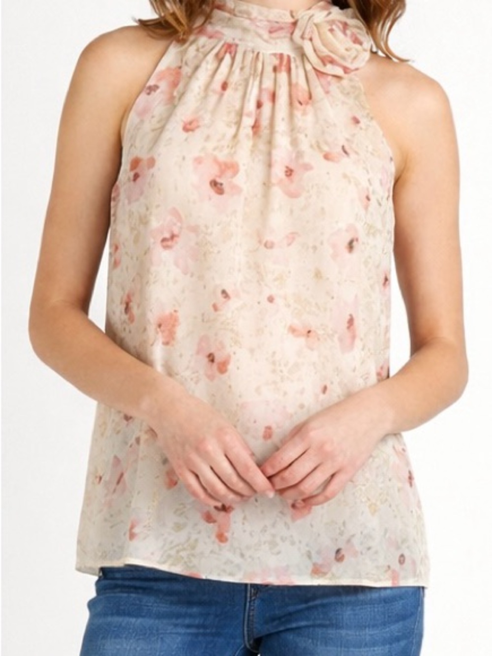 NWT Elle Romantic Feminine Sleeveless Floral High-Neck Blouse Small